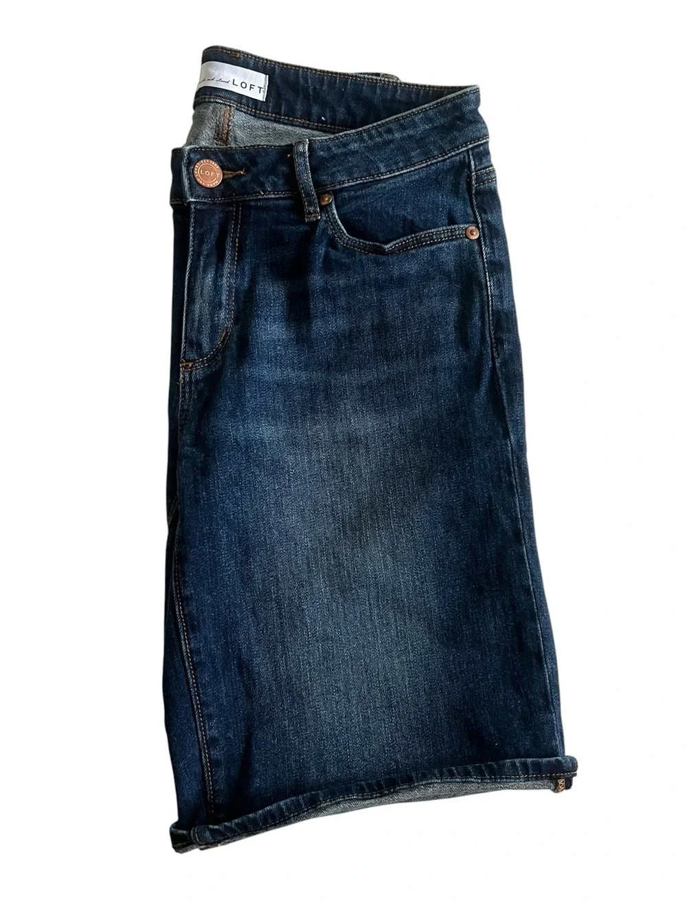 LOFT Dark Wash Denim Cuffed Bermuda Shorts Long Shorts Summer Style Size 27 / 4 - Picture 4 of 8